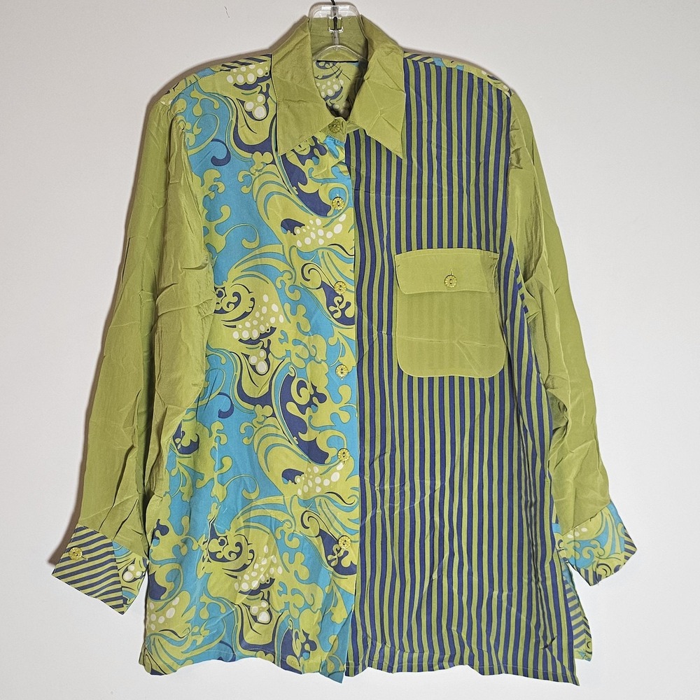 Koos of Course Shirt Womens Small Green Blue Silk Patchwork Button Up Artsy